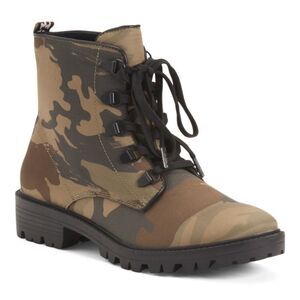 KENDALL + KYLIE CAMO Waxed Canvas 5 Eye Ankle Boot Rubber Lug Outsole